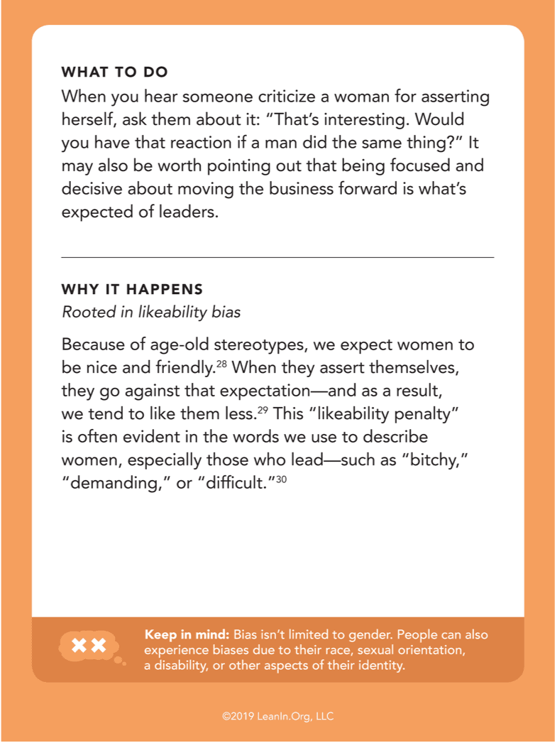 Back of card: What to do - Do your part to make eye contact with everyone and try to find ways to bring more women into the conversation.
